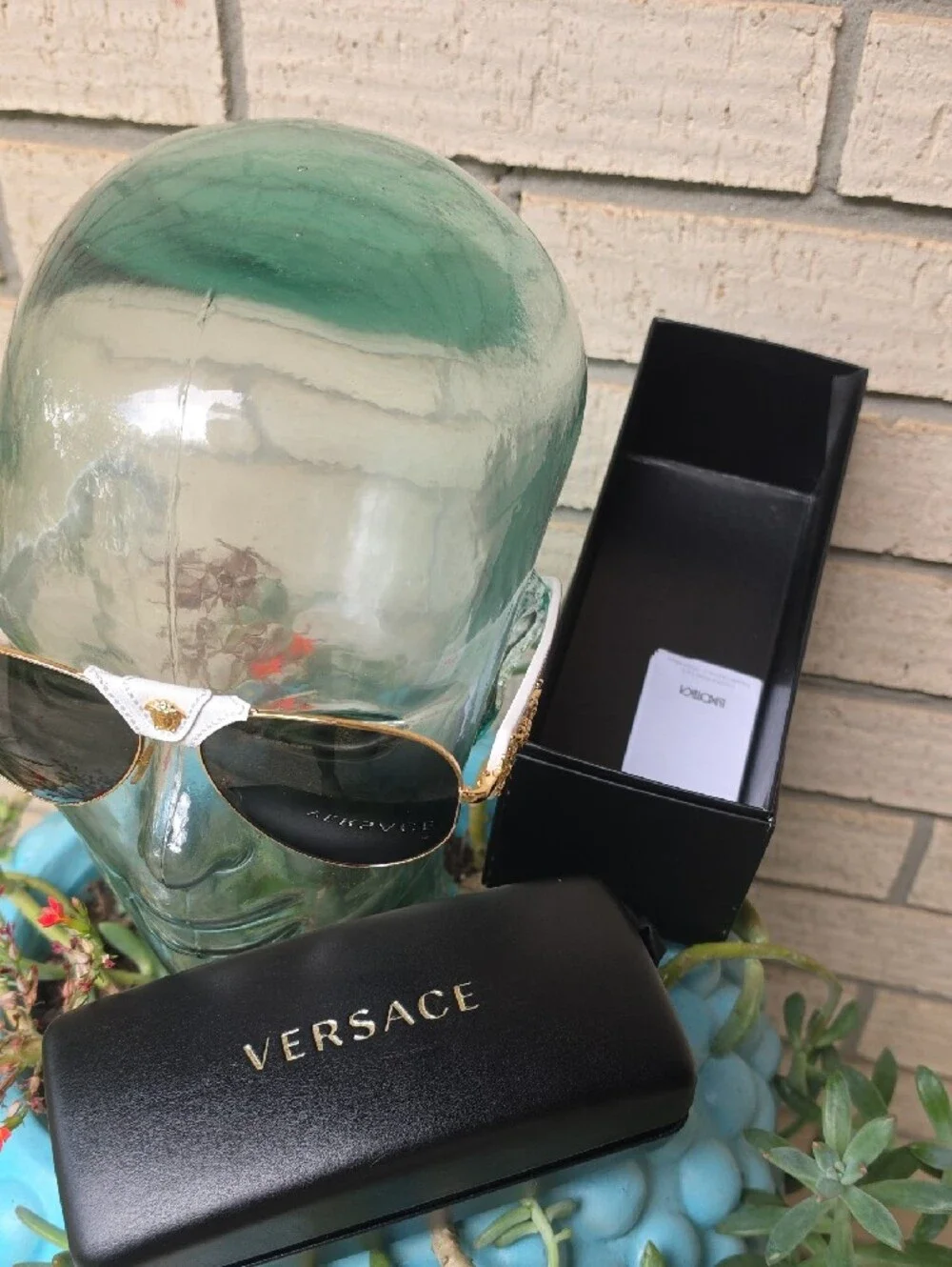 Versace Gold Frame Sunglasses with White Brow and Dark Lenses